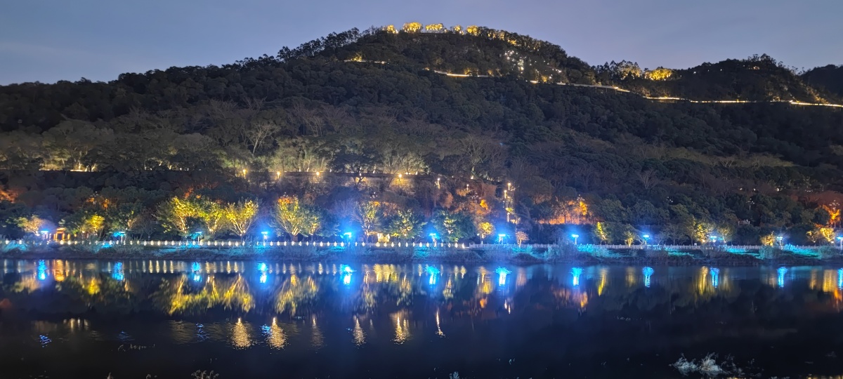 福建省福清市玉融山公园五马山景区风景夜景亭子栈道城市夜景河边倒影