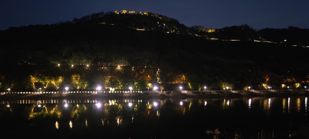 福建省福清市玉融山公园五马山景区风景夜景亭子栈道城市夜景河边倒影