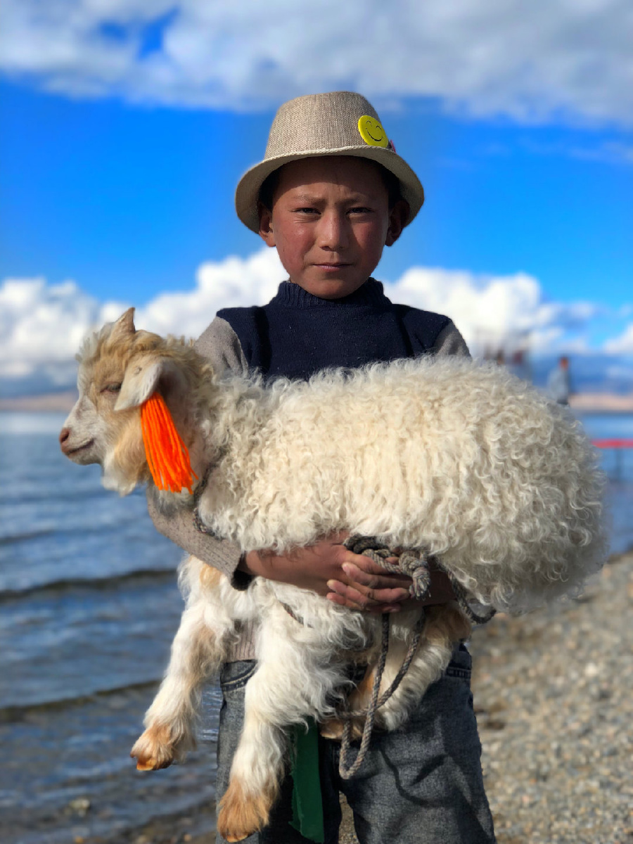 小男孩看到人,就抱起了他的小羊崽.
