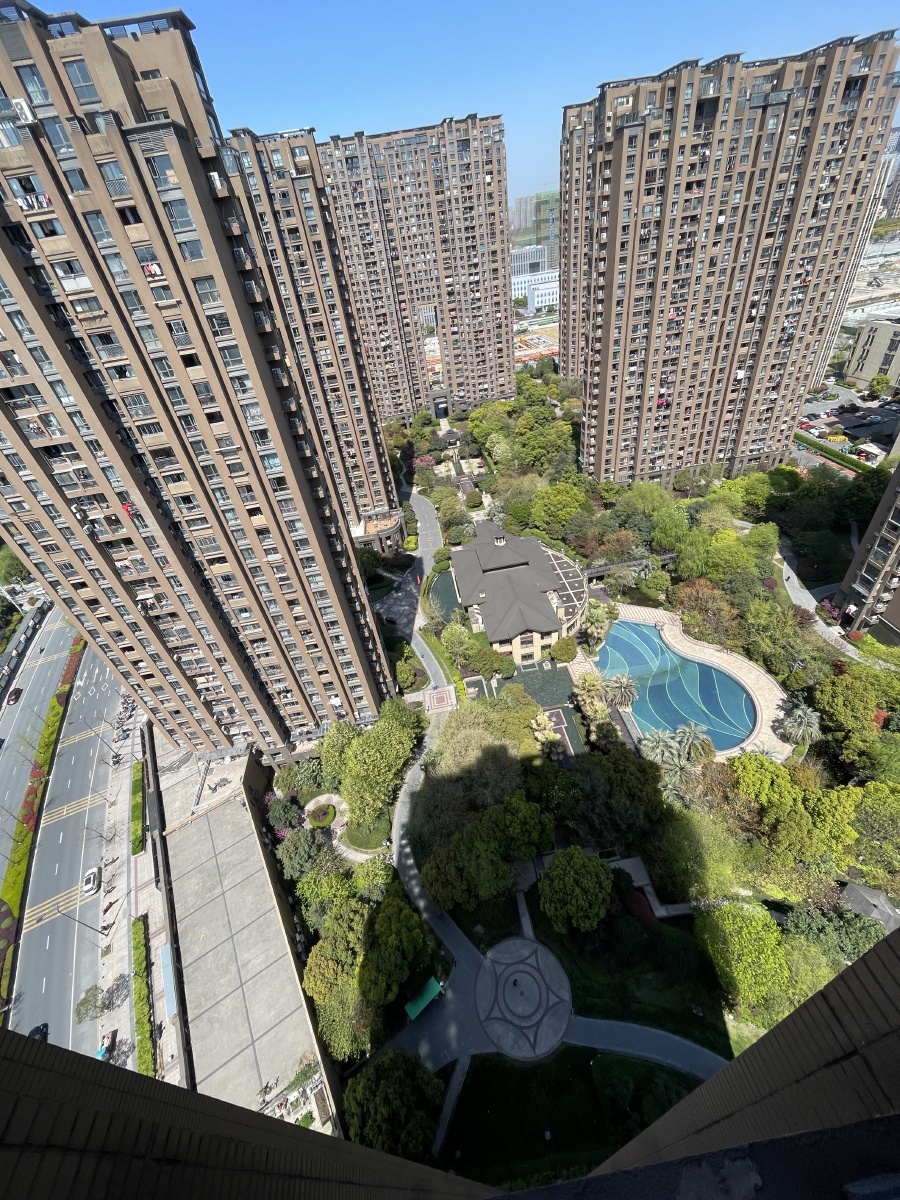 住宅小区的美景树木高楼泳池广场