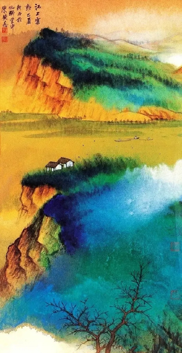 国画大青绿泼彩山水画