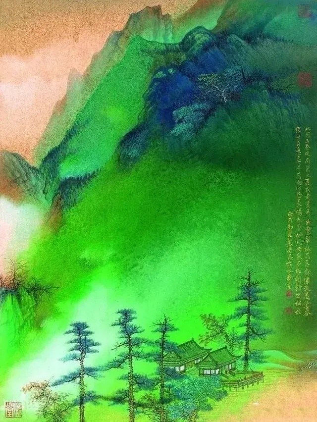 国画大青绿泼彩山水画