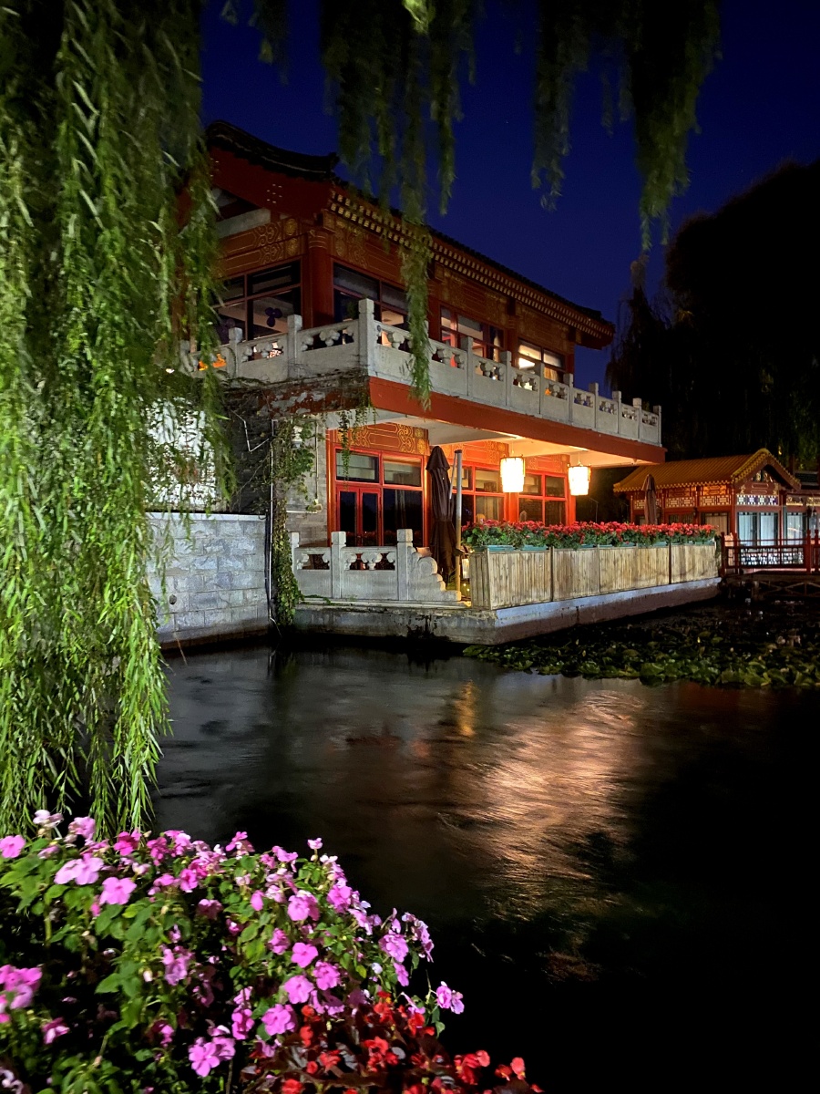 亭子水中央 夜晚 灯光 湿地公园 昏暗