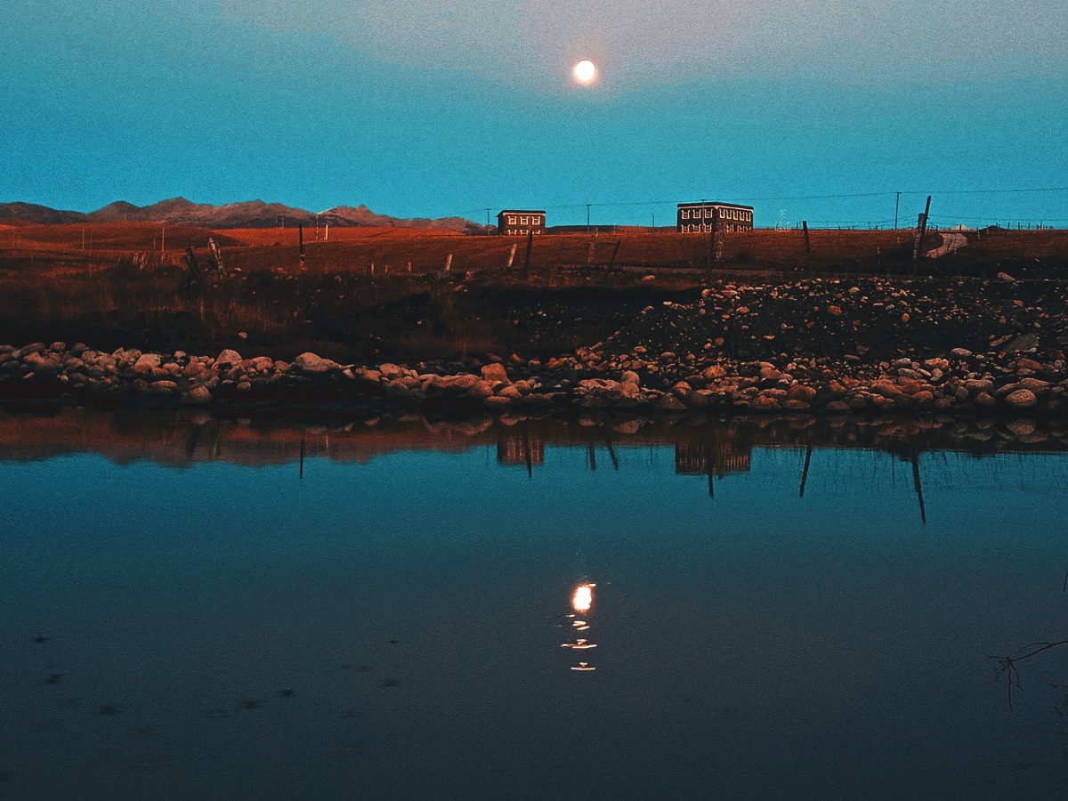 十一月的月亮印在湖面像是在欣赏自己的美丽,湖水正在为之震撼.