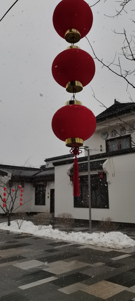 大红灯笼高高挂大红灯笼和江南古典建筑风中雪中白日里也很美