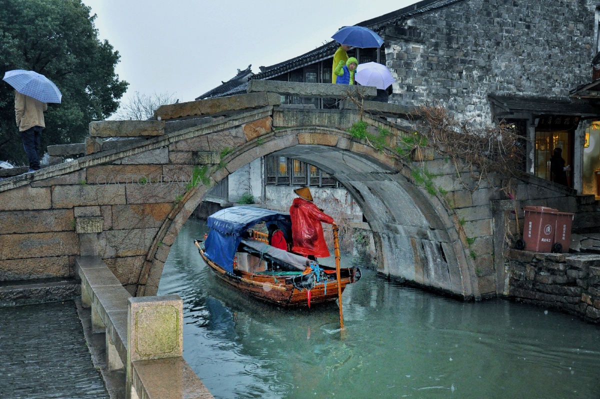 穿红雨衣的摇橹船夫.