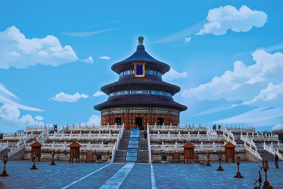 蓝天白云下天坛祈年殿古老建筑焕发光彩