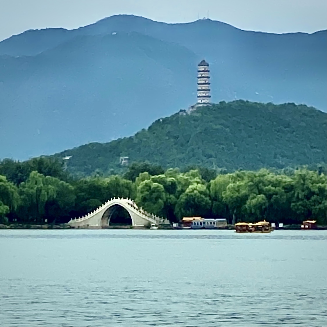 中国园林山水塔亭万绿点红圆门拱桥