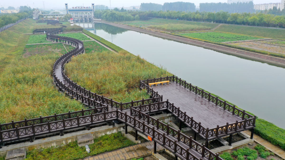 河南许昌:人工湿地木栈道扮靓清潩河