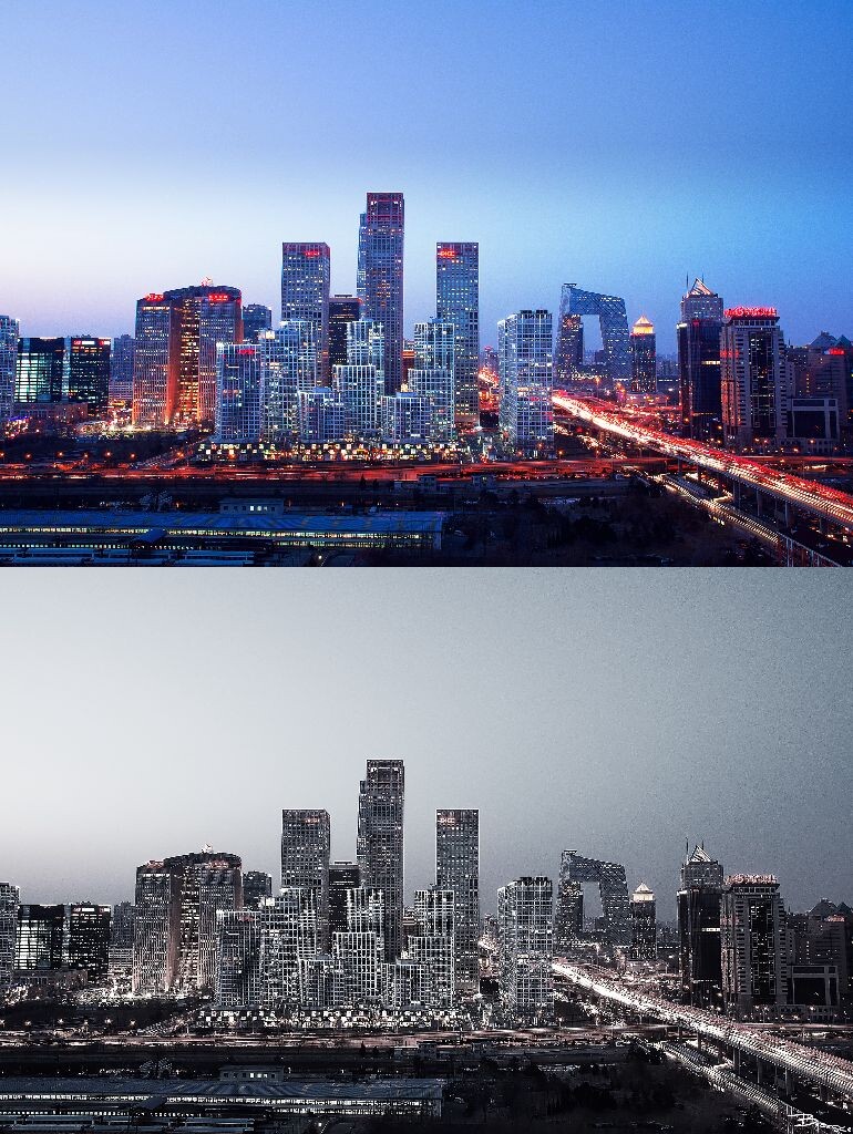 国贸色彩 续<br />
当一个城市失去颜色，你更喜欢哪番模样？