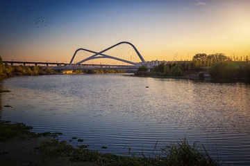 深秋时节夕阳西沉时的秦淮湾大桥+南京