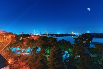 从台城俯瞰夜色中的玄武湖+南京