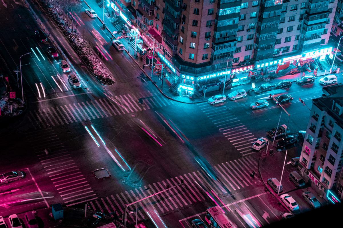 赛博朋克cyberpunk街道摄影俯视街道奇妙色调车流慢快门拍摄地黑龙江