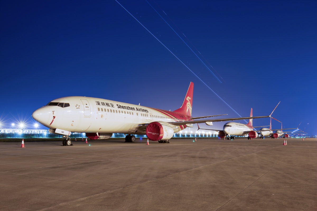 10,四架停飞的深圳航空公司的波音737max飞机,停放在深圳宝安国际机场