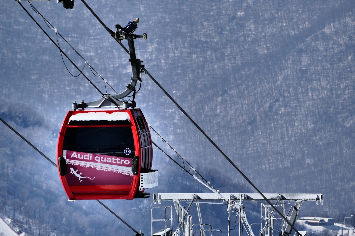 雪山上行进的缆车