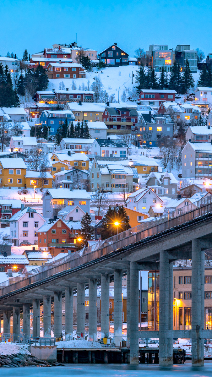北极之城特罗姆瑟这里的小房子全部都是依山而建在远处望去非常壮观