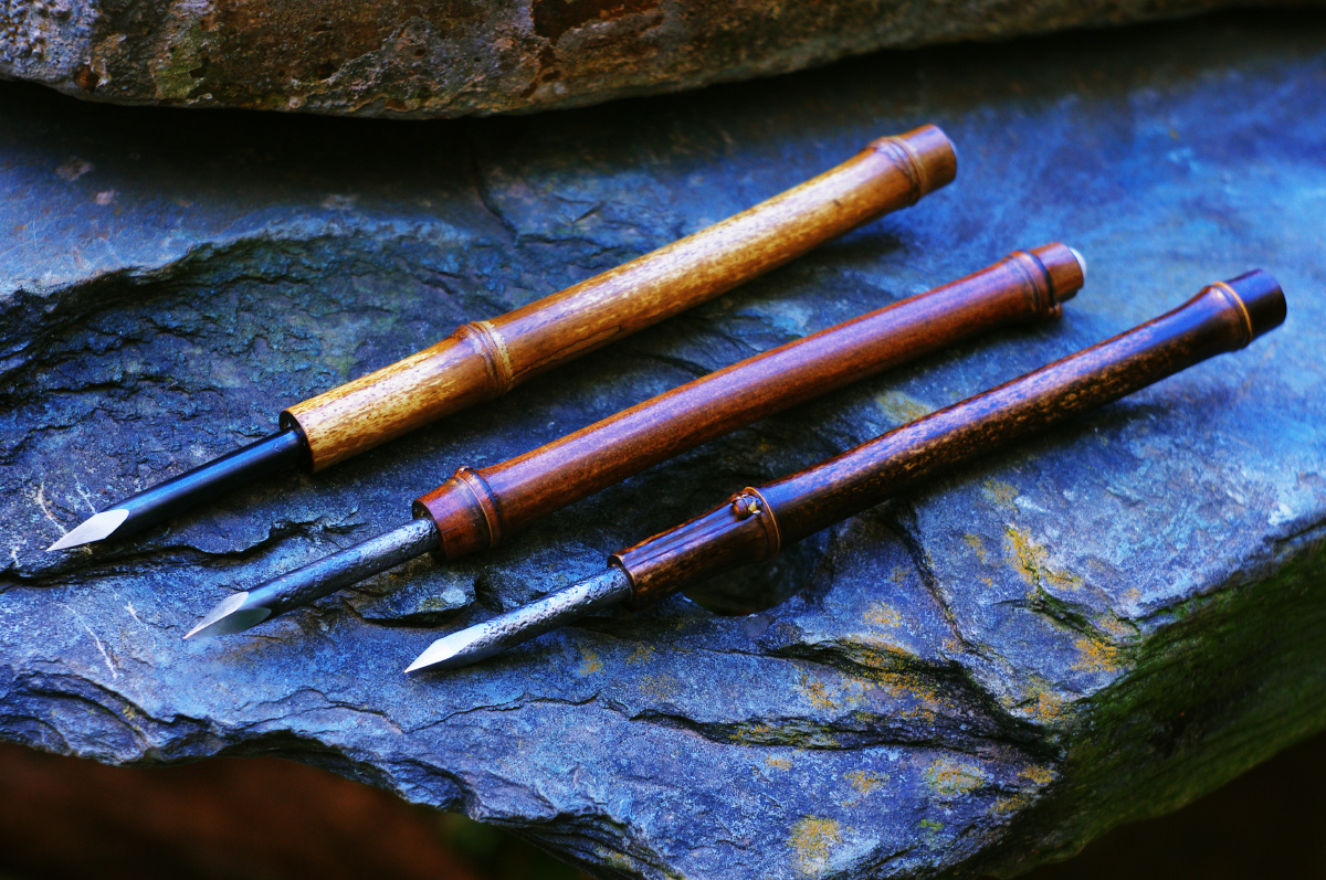 过年手作日自制三把珍珠镶嵌竹茶刀