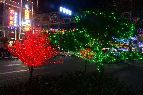 山东省茌平县中心街,新政路火树银花,灯光灿烂,娇艳的红灯楼烁烁发光