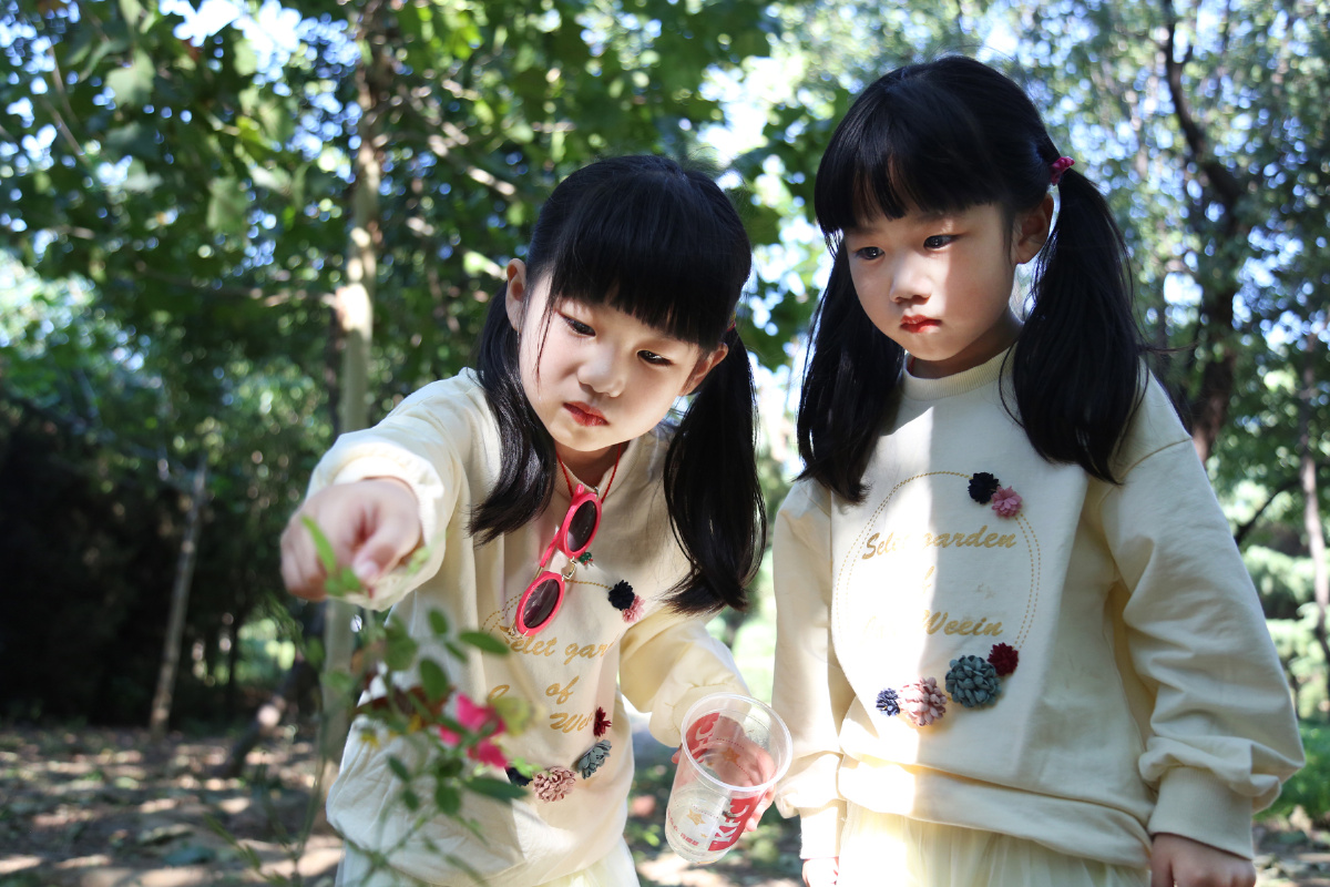 落在花上的蝴蝶与漂亮的双胞胎宝贝