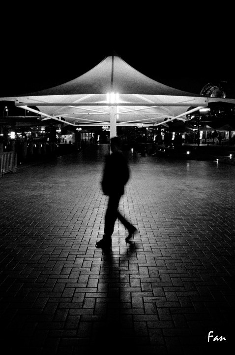 灯光下拖着孤独的影子<br />
