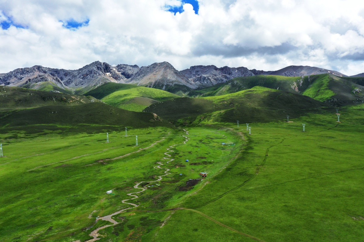 青海玉树草原风光蓝天白云青山绿水最美的时节是七月