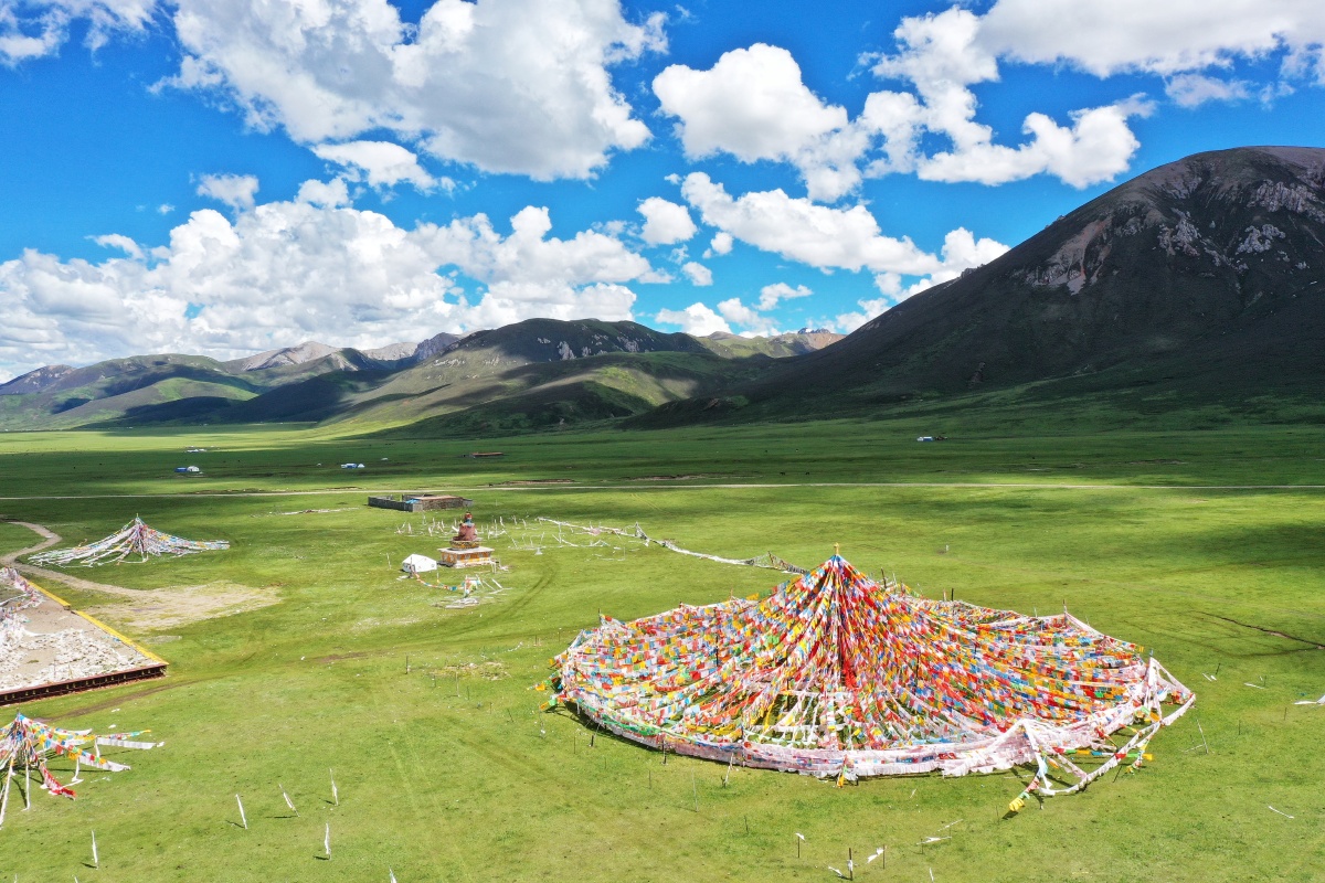 青海玉树草原风光蓝天白云青山绿水最美的时节是七月