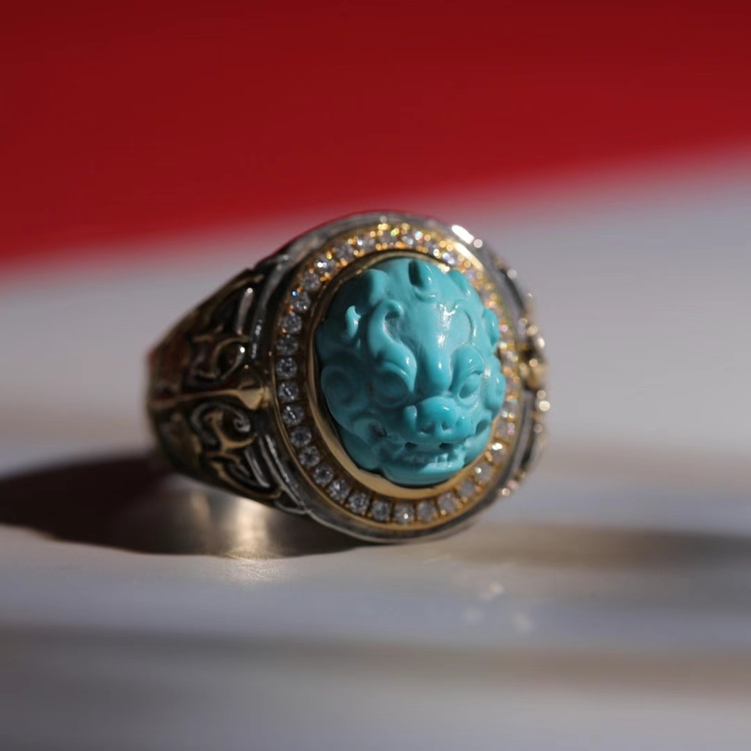 戒指61仿古守护兽面超级完美的玉化料戒面无白无线18k金银南非真钻