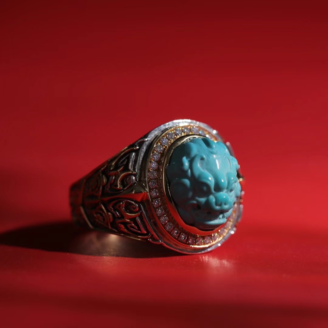 戒指61仿古守护兽面超级完美的玉化料戒面无白无线18k金银南非真钻