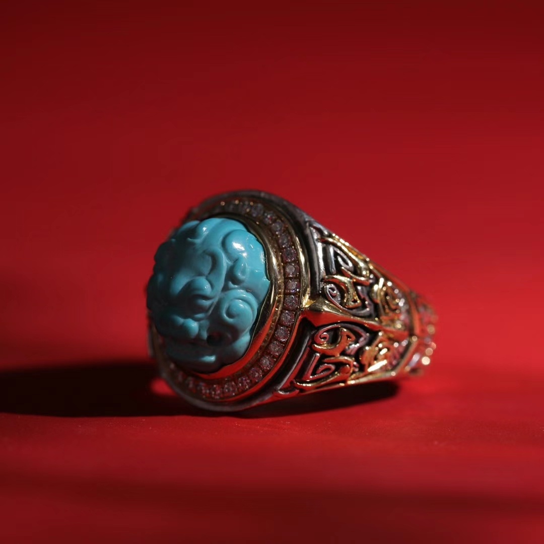 戒指61仿古守护兽面超级完美的玉化料戒面无白无线18k金银南非真钻