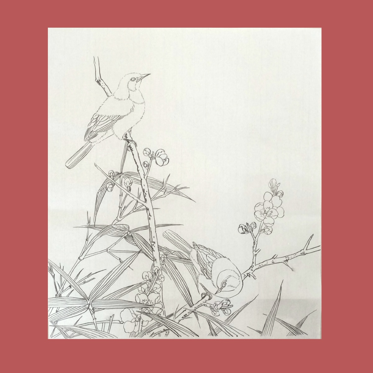 国画工笔《梅竹双雀图》尺寸34*41cm