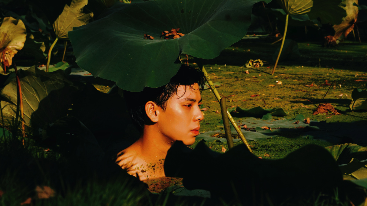 水中男生荷花池写真