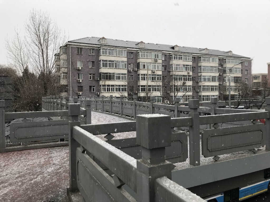 雪中的北师大：东门天桥<br />
铁狮子坟