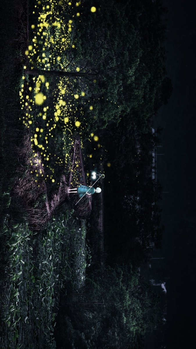 卡通萤火虫荷花夜景创意