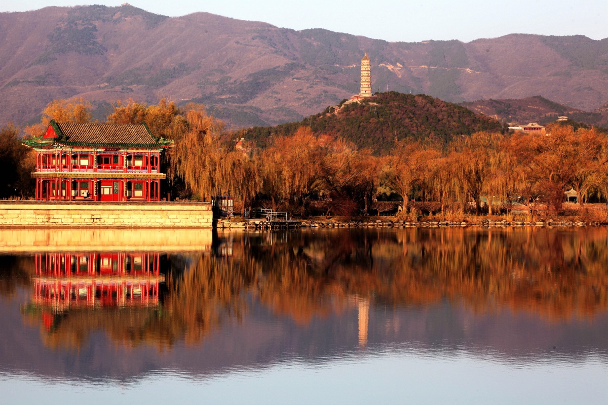 北京颐和园色彩斑斓风景如画2021年11月12日北京颐和园昆明湖西湖湖水