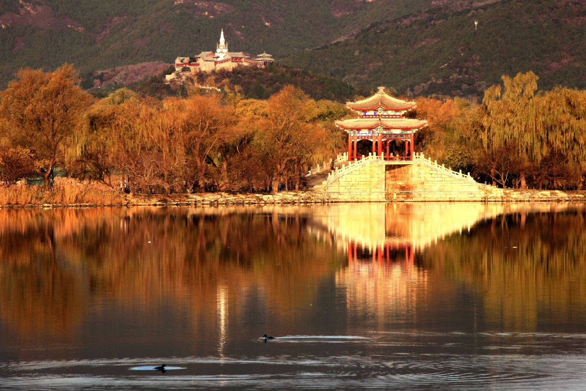 北京颐和园色彩斑斓风景如画2021年11月12日北京颐和园昆明湖西湖湖水