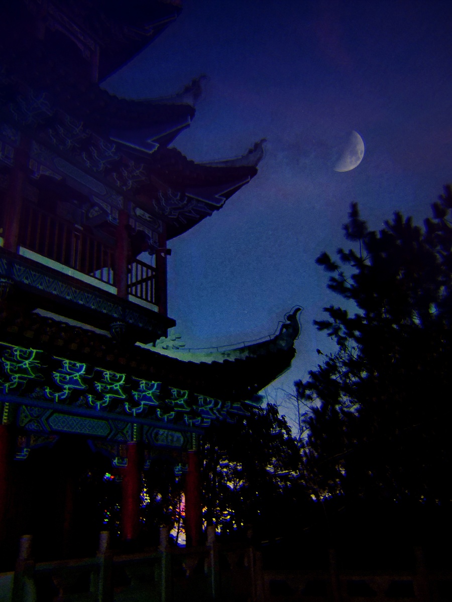 放飞亭畔月半圆