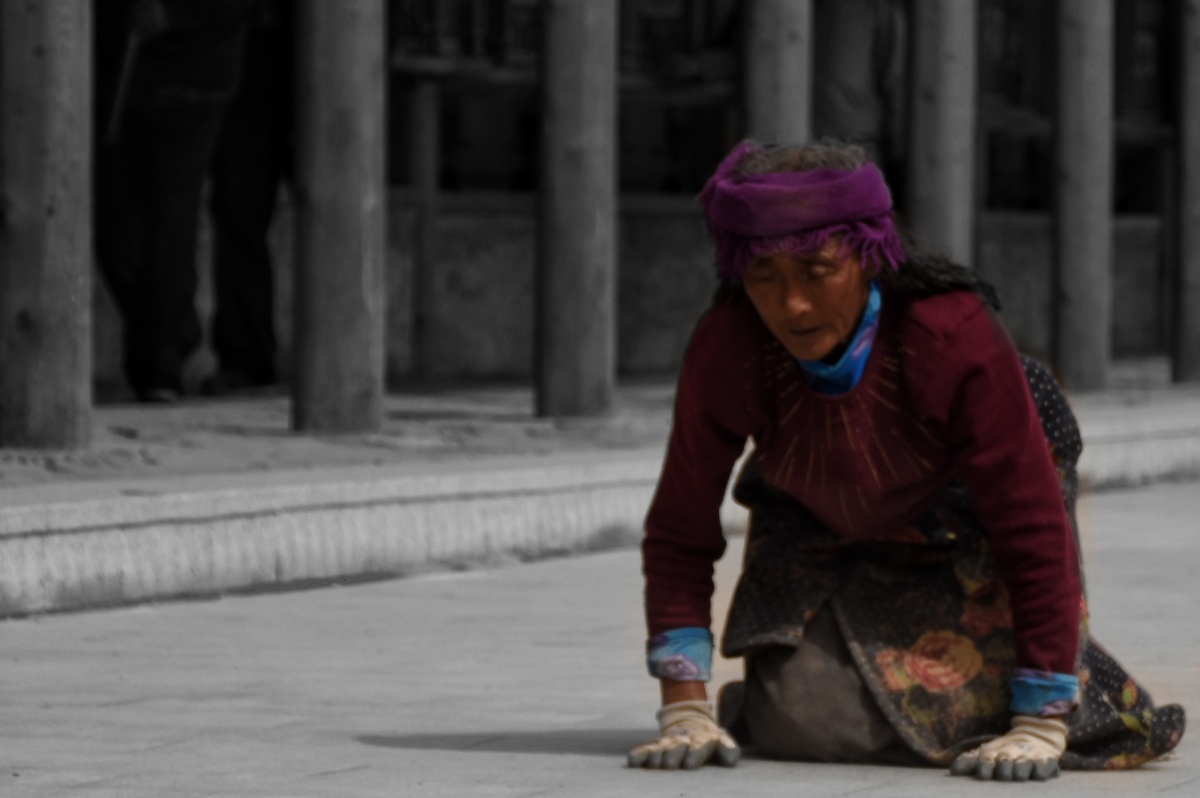 摄于甘南拉卜楞寺,一位虔诚的佛教徒正在磕长头.