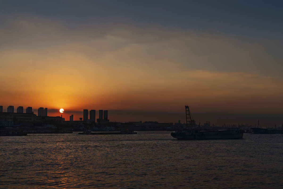 上海黄浦江上吴淞口的美丽夕阳.