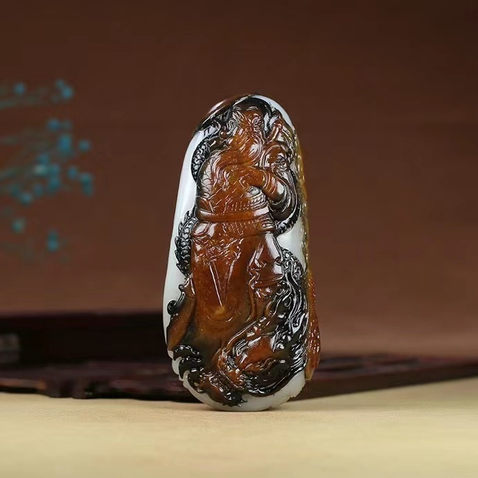 和田玉白玉黑皮山料羊脂关公手把件,苏工 - 我爱荼靡 - 图虫