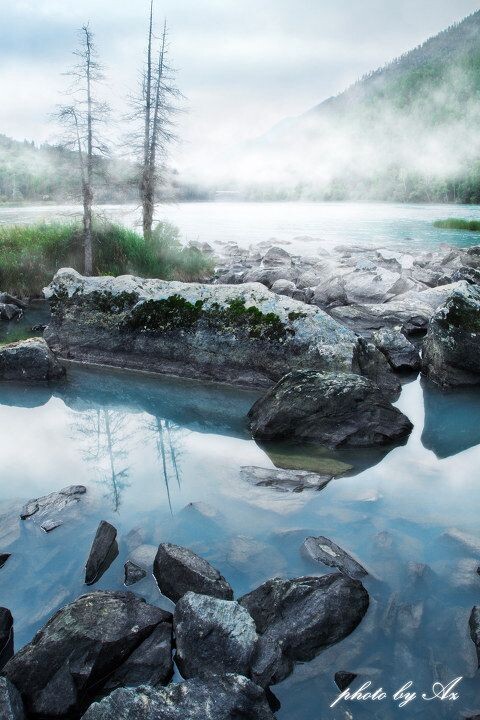 寂静卧龙湾<br />
来到早已向往已久的喀纳斯的第一天,我并没有急于能拍摄什么满意的作品,因为时间有限,我必须把最具戏剧性的晨光用在百里挑一的景致里,最终我选定了卧龙湾畔旁的一处密林边缘。早已听闻因为昼夜温差的缘故清晨时在喀纳斯的河湖上都会有如梦似幻的浓雾,第二天一早便搭乘哈萨克族朋友的摩托来到了这里。喀纳斯的水的色彩一整天都在变化当中,由于水中含有特殊的矿物质,在阳光的照耀下会显现出梦幻般的绿色或蓝色,然而走近却清澈见底,偶尔有小鱼穿梭在石缝中。置身此处,已完全打破了我对大自然的认识,身体连同灵魂都早已融入到了这里。