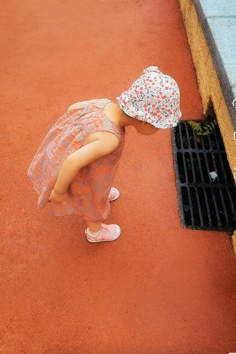 一岁多小女孩好奇地着下水井口