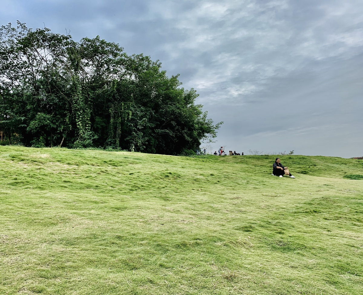 成都大学旁的青龙湖的草坪,远远看上去就像草原,一位老奶奶坐在上面很