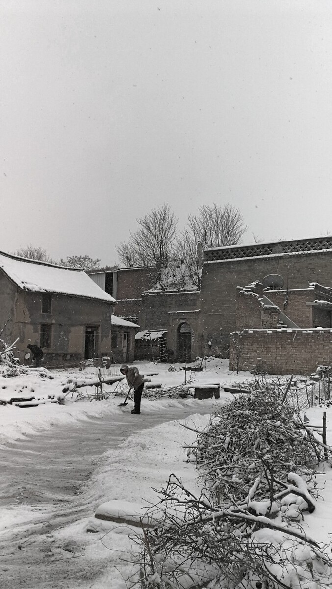 下了一夜大雪,一位农妇早起清理自家的院子。