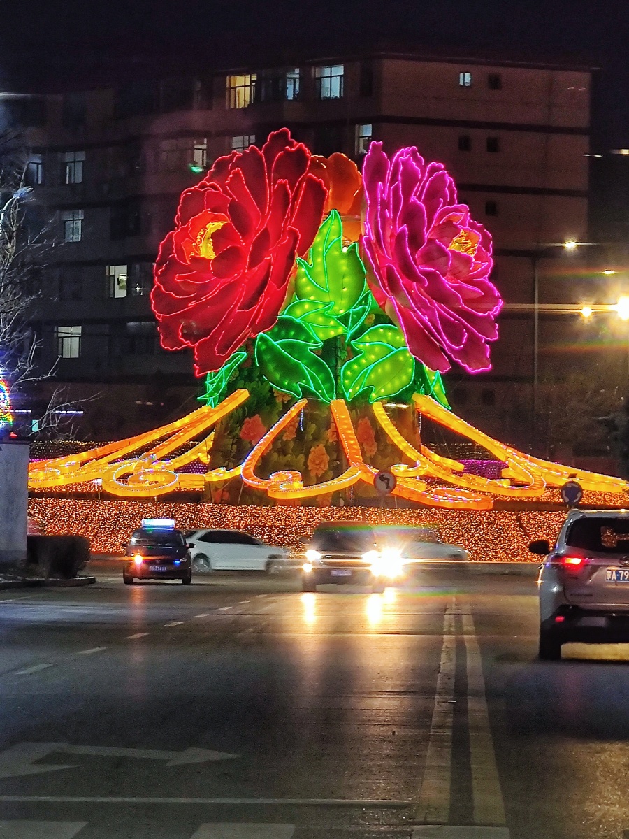 准格尔街道转盘的大型牡丹花花灯