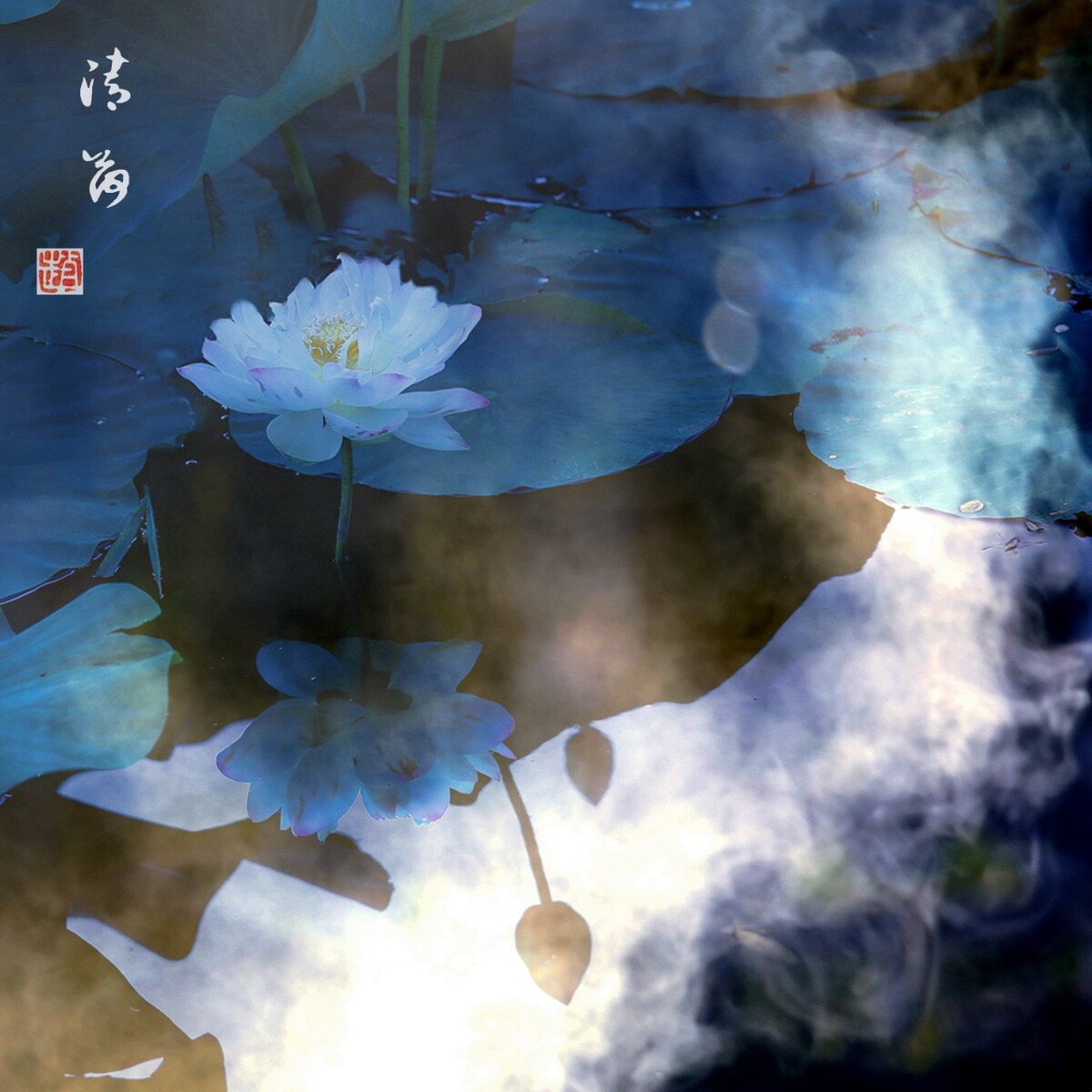 烟雾与荷花双曝，降低色温让色调偏蓝，使画面有了国画般的古典美。