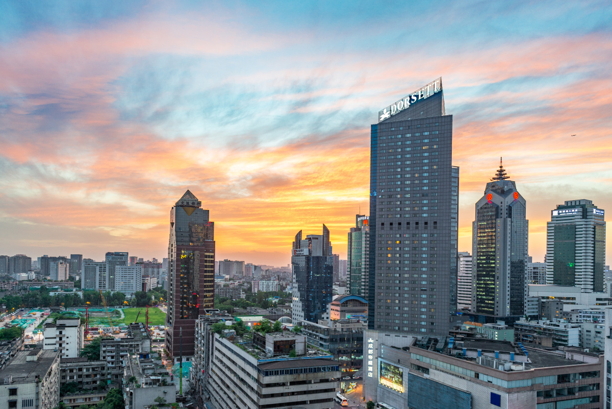 成都城市风光杜甫草堂浣花溪公园成都晚霞