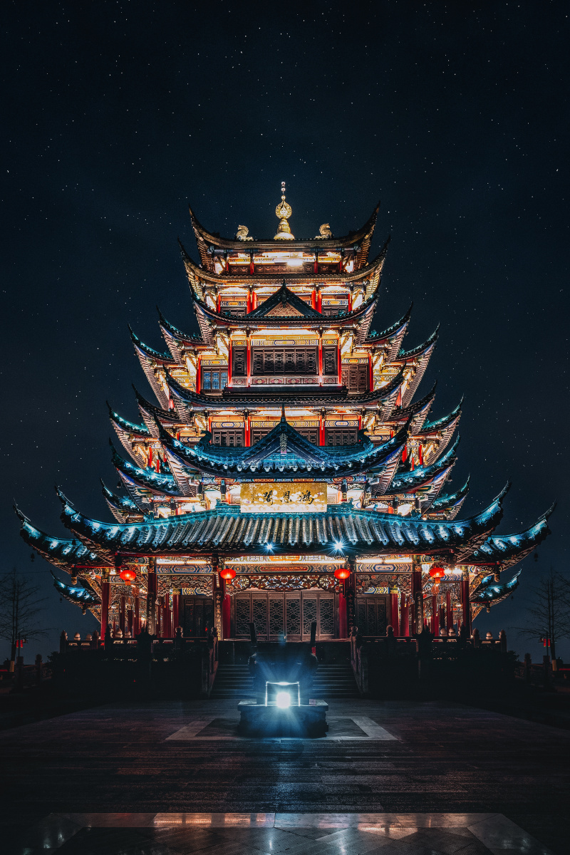 寺庙鸿恩阁夜景#宝塔释迦牟尼宗教黄金的桥梁爱好者集中地城市·夜晚