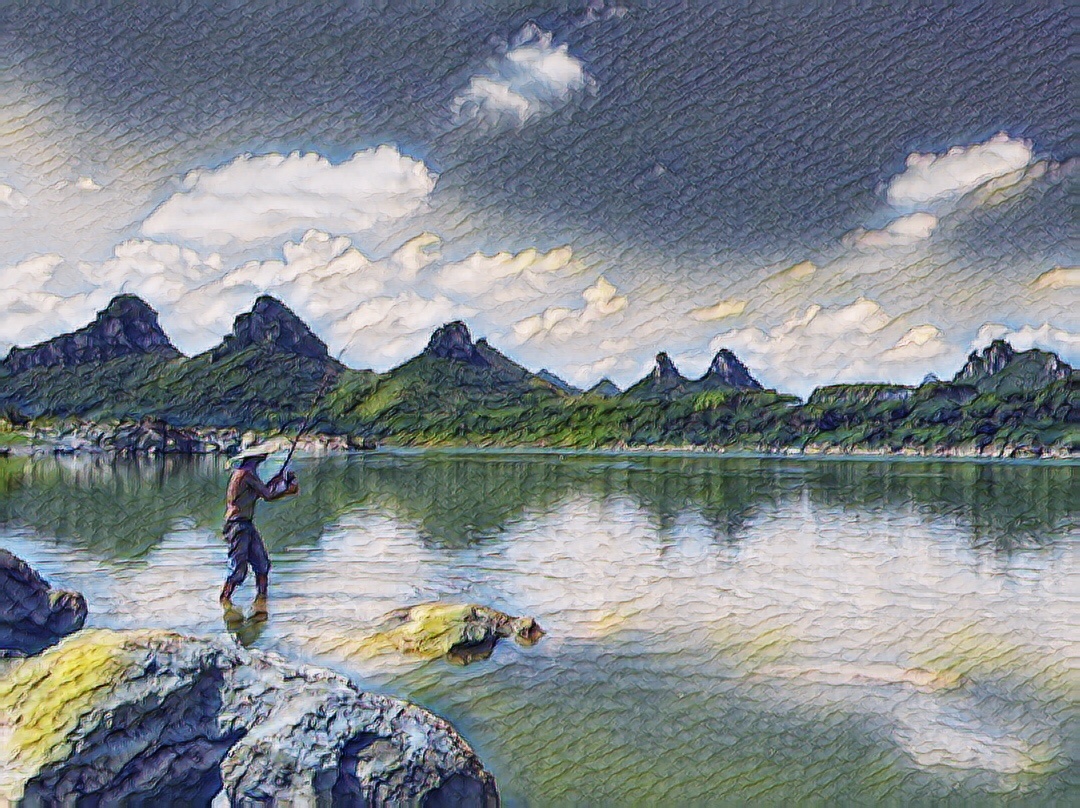 青山绿水间,垂钓者抛竿垂钓,很有画面感,处理成油画形式.