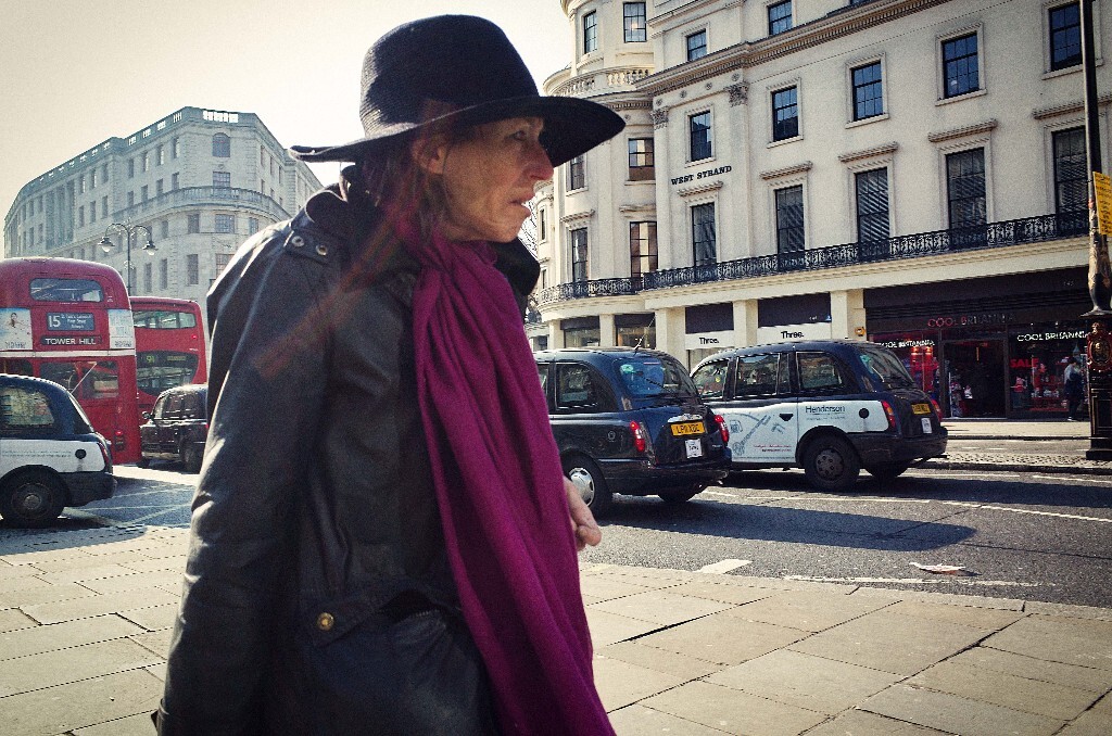 old lady with violet scarf