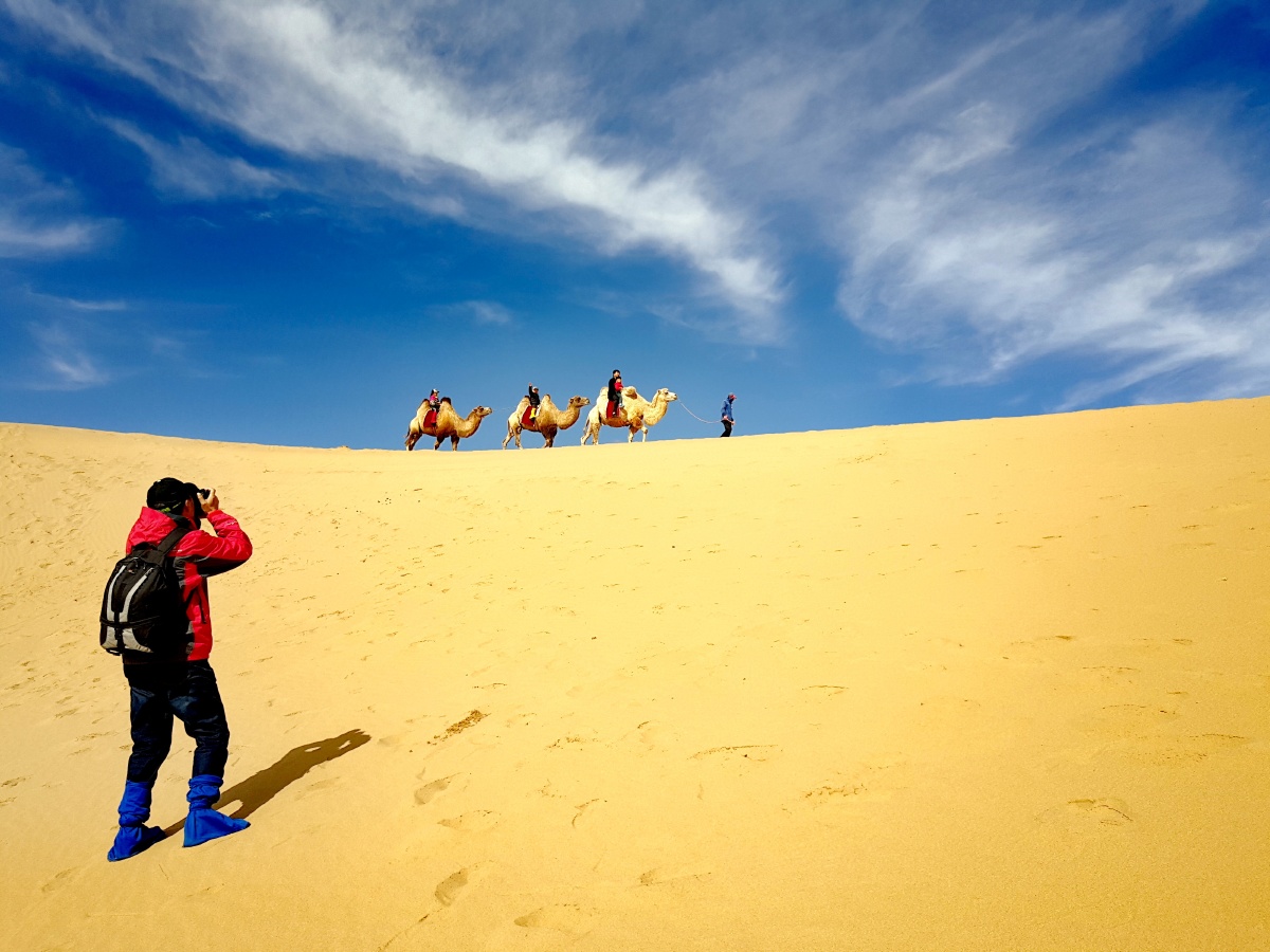 于内蒙响沙湾,一个摄影者,正在拍一个驼队,驼背上有三个孩子,走向远方